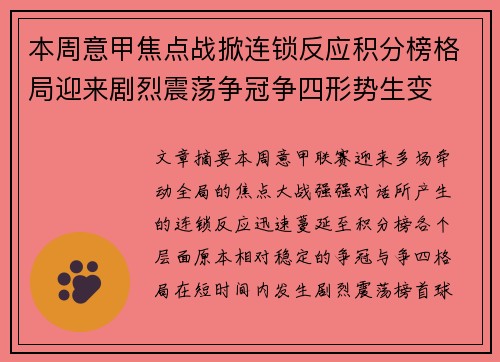本周意甲焦点战掀连锁反应积分榜格局迎来剧烈震荡争冠争四形势生变 本周意甲焦点战掀连锁反应积分榜格局迎来剧烈震荡争冠争四形势生变